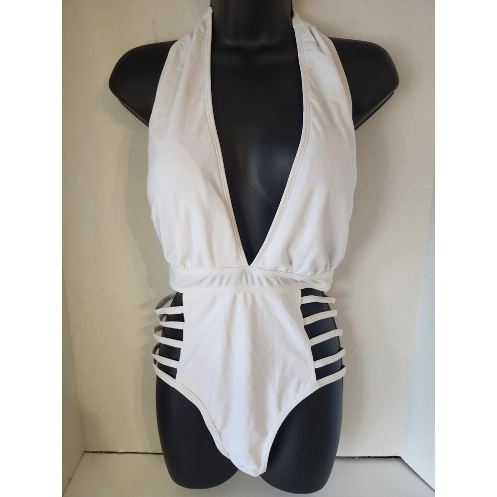 Swimsuit Aqua Eve Women 1 Piece Halter Plunge V Neck Cutout Bathing Suit medium